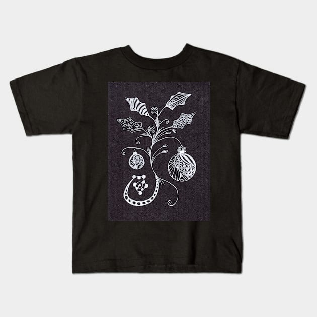 Zentangle Christmas Ornaments with Holly Leaves Kids T-Shirt by ConniSchaf